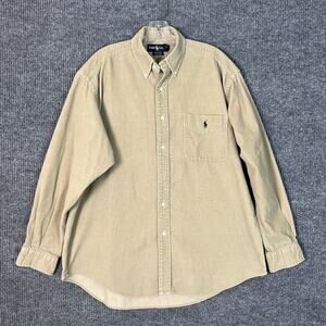 Ralph Lauren Mens Big Shirt Sz Medium Tan Corduroy Button Up Long Sleeve Preppy